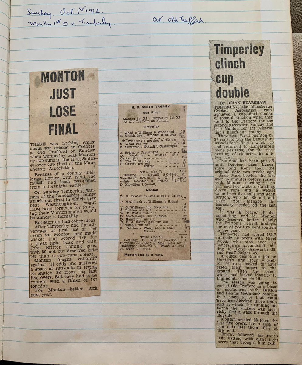 On 1st October 1972 LCA cup winners @Timperley_CC took on @MontonCC at @EmiratesOT in the HC Smith Trophy final. Having posted 189 Timperley may have thought the game in the bag but Monton’s John Britton had other ideas ultimately falling just short of taking his side to victory.