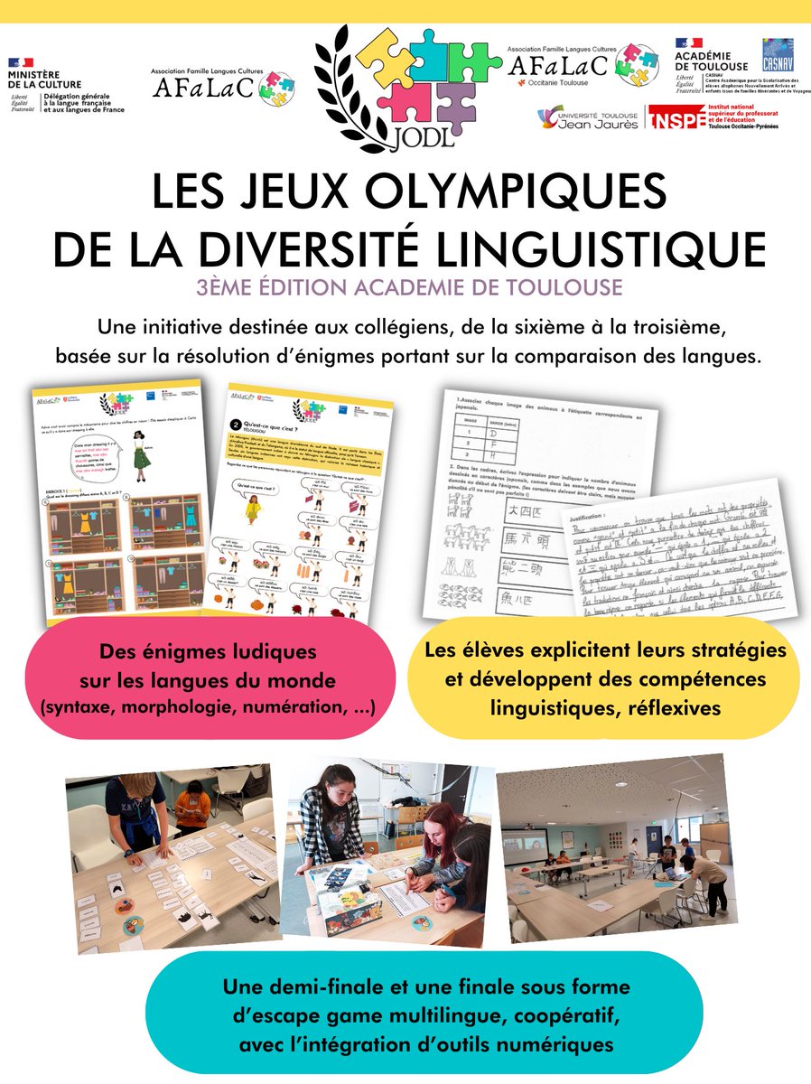 casnav_toulouse's tweet photo. 📢3ème édition
🏅 Jeux Olympiques de la Diversité Linguistique pour collégiens de @actoulouse 
▶️Résolution d'énigmes portant sur la comparaison des langues
✍️Infos et inscriptions
⏭️https://t.co/GAtLK5VZ2I 
@AFaLaC_OcciTou @AFaLaC72 @Inspe_Toulouse @UTJeanJaures @MostafaFourar https://t.co/WJZGvfgiDZ