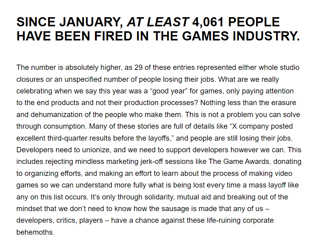 Arvydas_B's tweet image. I think this is a very important piece 👇 
noescapevg.com/it-hasnt-been-…

The list of #gamedev layoffs this year is huge (at least 4000 people affected) and it doesn't even include the forced RTO policies that were pushed this year.

Puts things into perspective.
This is a catastrophe.