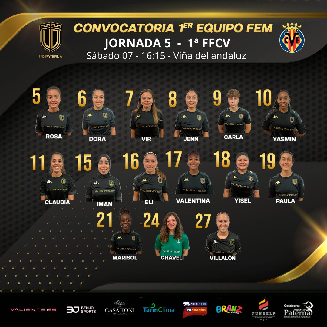 UDPaternaFem's tweet photo. 🟡⚫️ Jugadoras convocadas por el míster @JuanfriCastro para el partido frente al @VillarrealCF “C” 💪🏻🙌🏻

‼️VAMOS EQUIPO‼️

#soydelaUnión #esportaPaterna https://t.co/op0yO7U47n