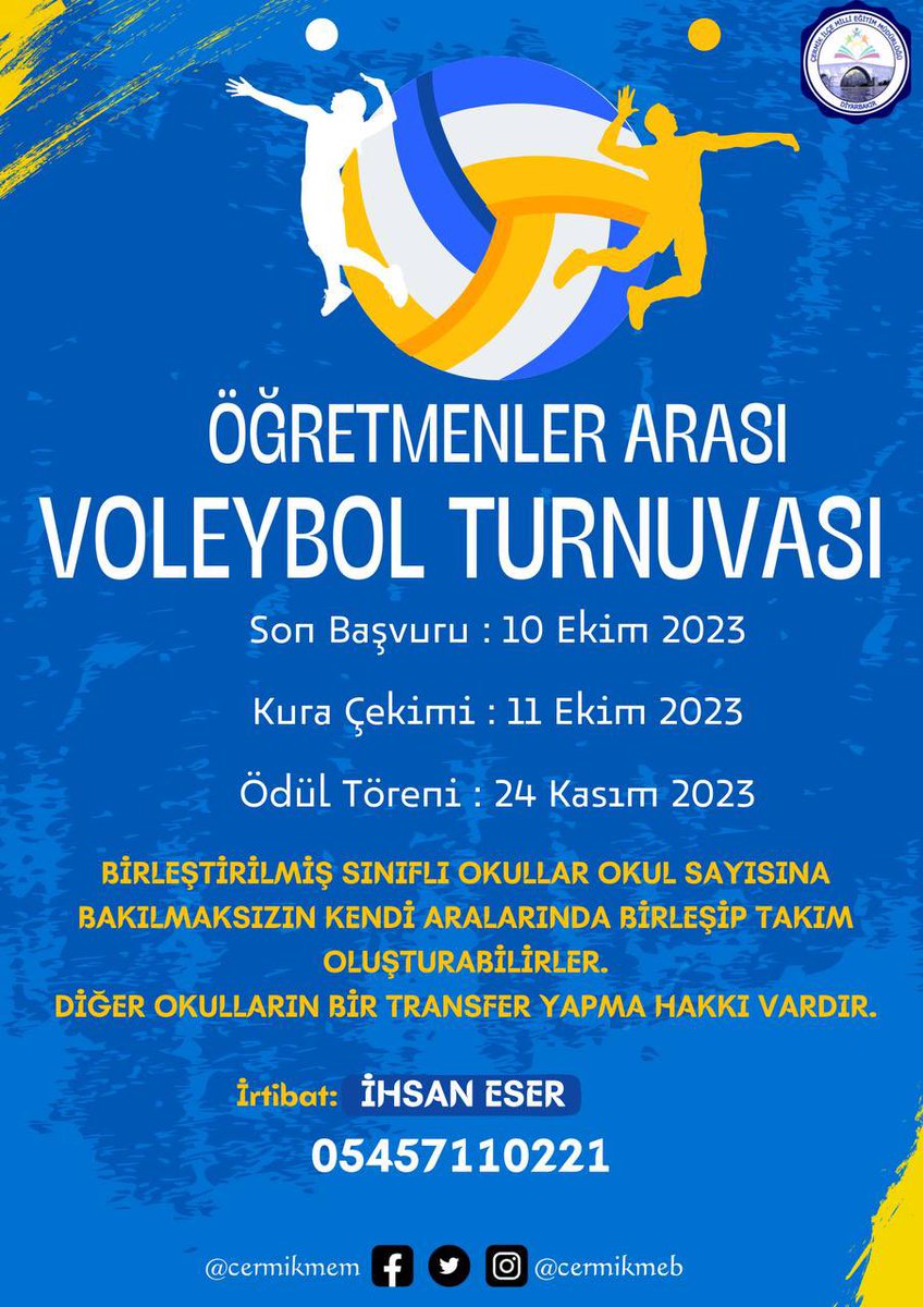 📢 BAŞLIYORUZ 📢

Öğretmenler Arası Voleybol Turnuvamız başlıyor 🏐
Başvurularınızı bekliyoruz ☺️

🗓️ Son Başvuru 10 Ekim 2023

@vahityilmaz4821 
<a href="/Murat4Kucukali/">Murat Küçükali</a> 
<a href="/muratbozdogan21/">Bozdoğan Murat</a>