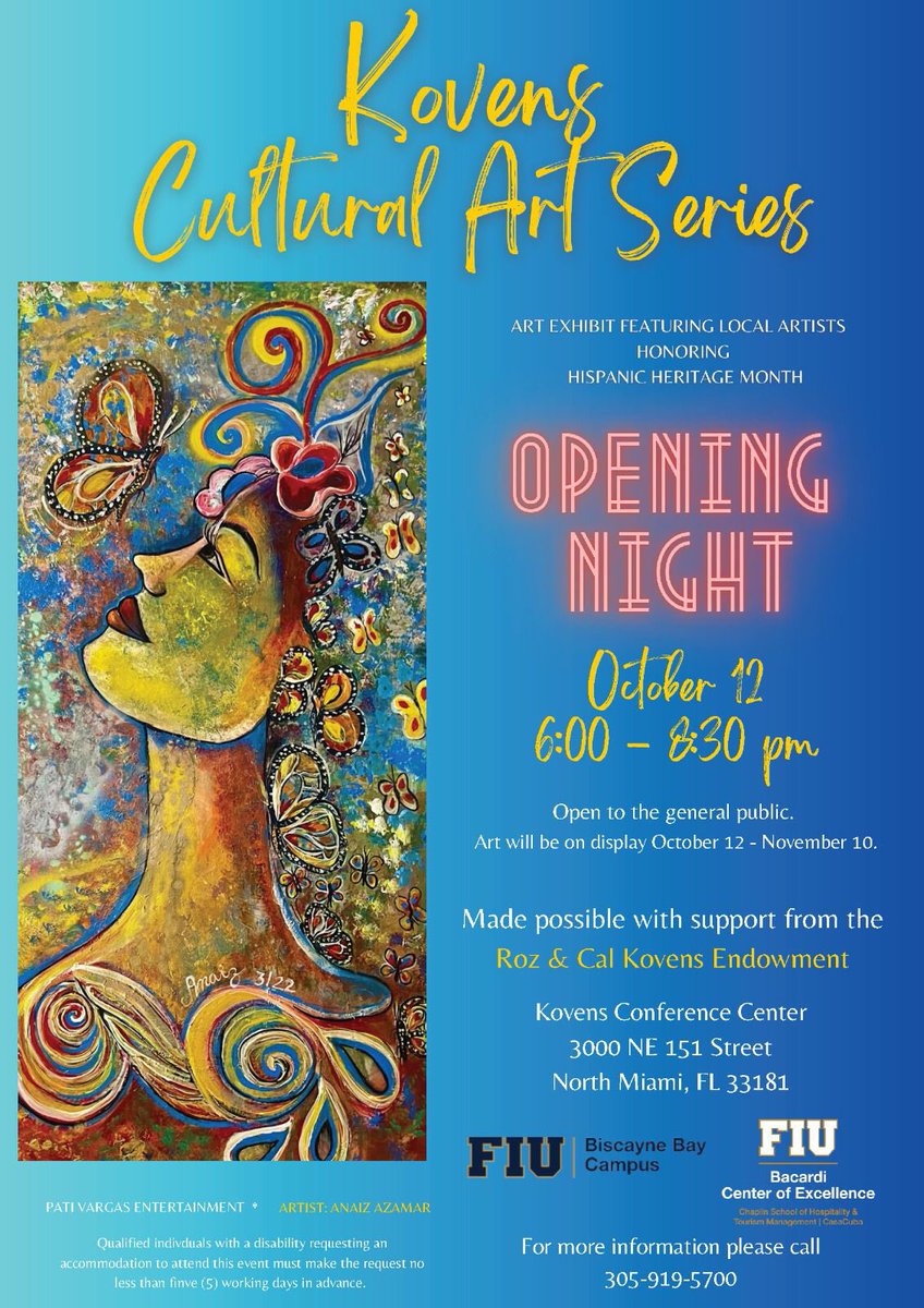 colazoliz's tweet photo. Exhibicion en FIU North Campus koven center 3000 NE 151 st North Miami 33181 
El día 12 de octubre de 
6 a 8-30 pm 

Los espero , compartiremos una hermosa noche llena de arte junto talentosos artistas ! 
@thebaylifefiu @ https://t.co/ND2fuu67ht