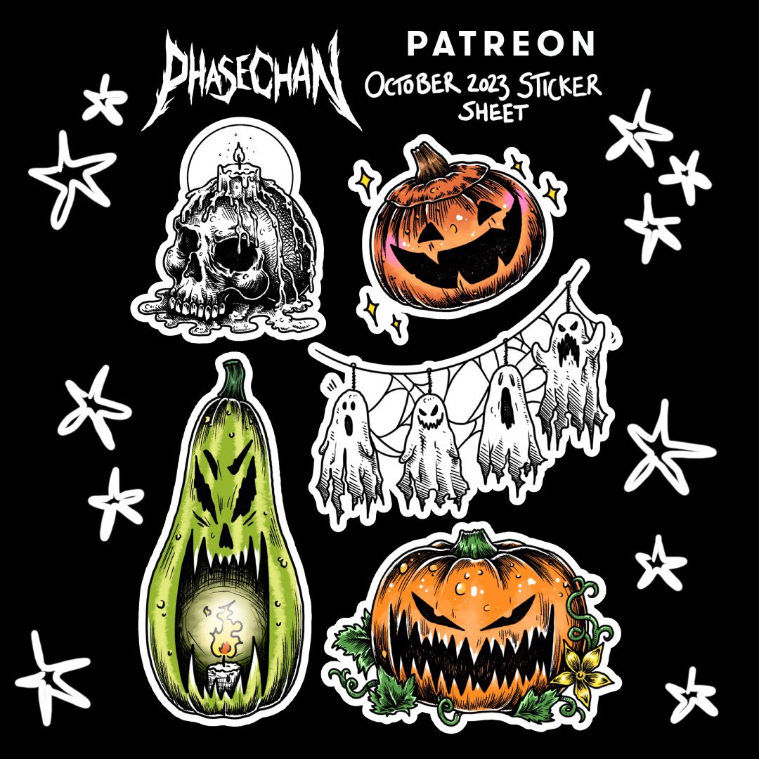 PhaseChan's tweet photo. 💀Octobers Patreon Sticker Sheet is now finished - spooky gourds &amp; decorations!💀

If you want to get your hands on these, and help support my art, join my Patre0n before the end of October~

🔗 in bio ✨ https://t.co/0OXrrqBKVY