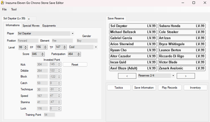 Inazuma Eleven Save Editor : Le meilleur éditeur de sauvegarde pour Inazuma Eleven Go, Chrono Stones et Galaxy