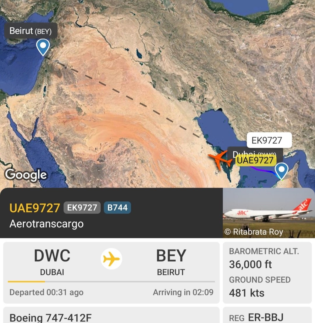 LebanonJets's tweet photo. A former Singapore Airline 747-400 (1998) now operated by Aerotranscargo of Moldova #ERBBJ (2017-) does daily Emirates Skycargo flights from #Dubai DWC to Hong Kong but is coming into #Beirut instead (??) https://t.co/q1GDSOOp8Z