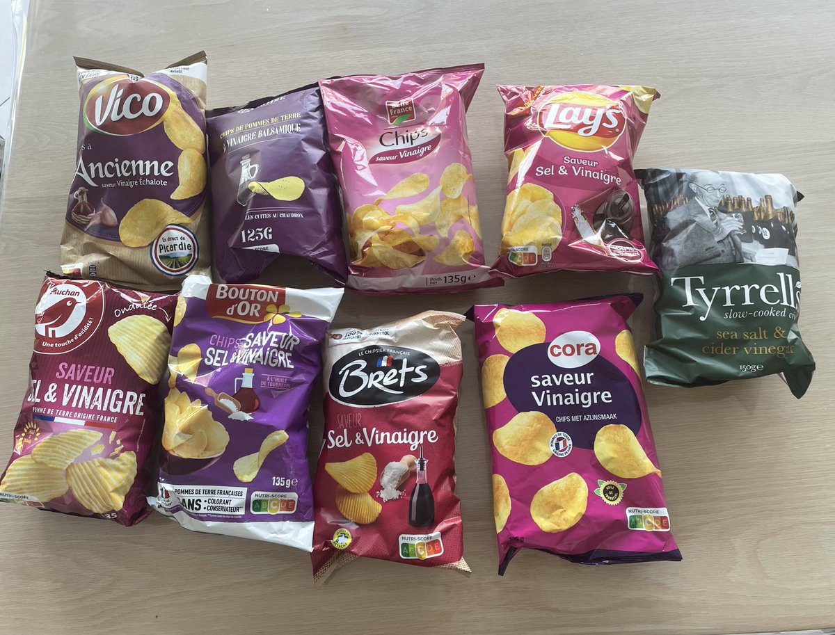 malaisante's tweet image. update pour la soirée chips au vinaigre, 
9 marques à goûter pour faire un classement !!!