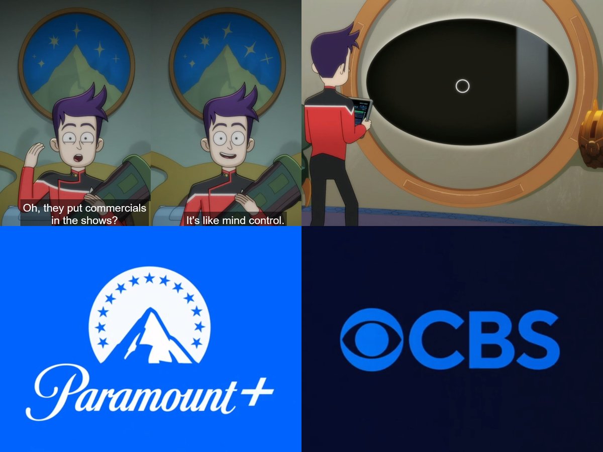 gaghyogi49's tweet photo. How funny that Boimler's hotel room on Ferenginar in #StarTrekLowerDecks' "Parth Ferengi's Heart Place" features an animated painting that looks almost exactly like the #ParamountPlus logo ⬅️ (plus what Boimler says) and the large TV screen looks like the #CBS logo ➡️... 😅 https://t.co/yXNyGYwAQp