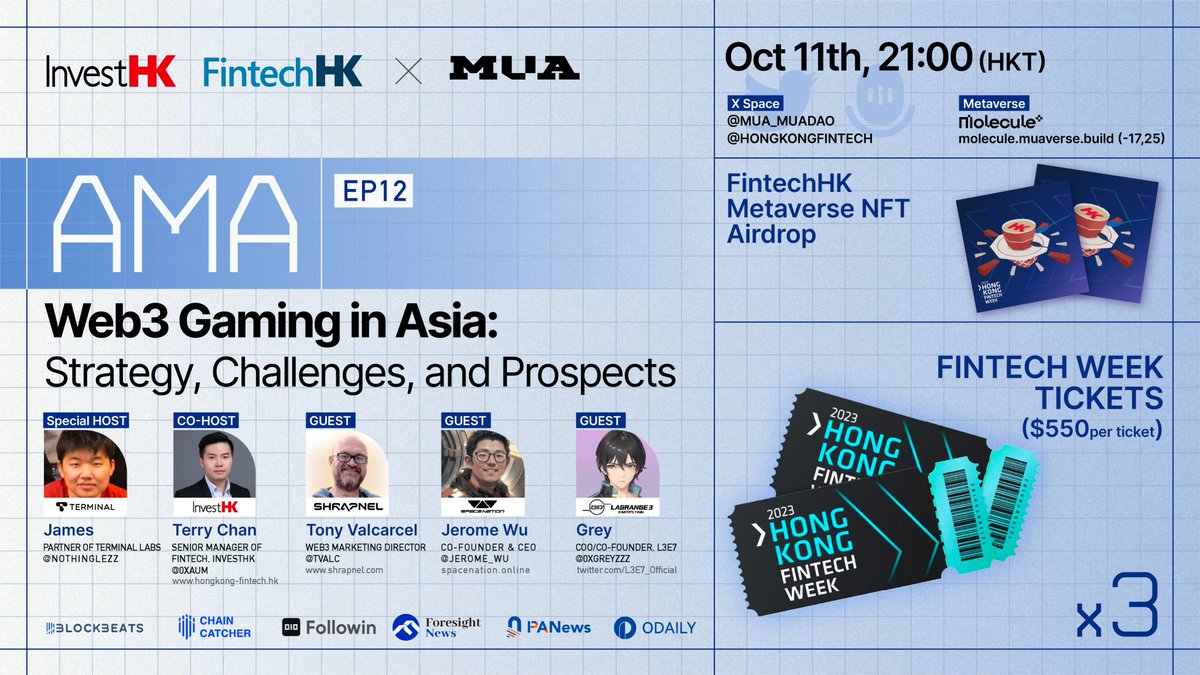 MUA_MUADAO's tweet image. Join us on Oct. 11th, 2023, at 9PM HKT for an AMA (in English) on &quot;Web3 Gaming in Asia: Strategy, Challenges, and Prospects.&quot; Co-hosted by @HongKongFinTech &amp;amp; #MUA, featuring @playSHRAPNEL, @SpaceNationOL, @L3E7_Official, and our special host @nothinglezz from @TerminaLabs. 

🎁…
