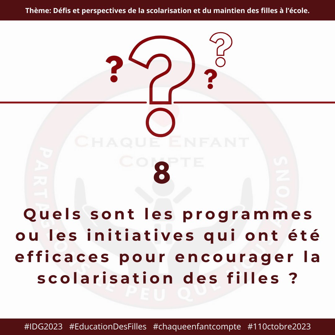 Quels sont les programmes ou les initiatives qui ont été efficaces pour encourager la scolarisation des filles ?

#IDG2023 #EducationDesFilles #chaqueenfantcompte #110ctobre2023