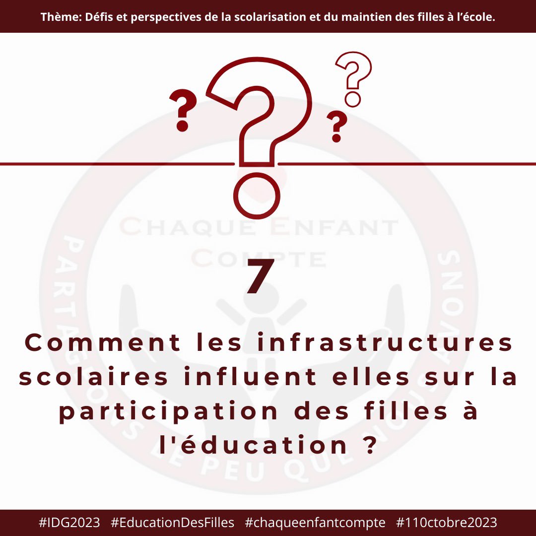 Comment les infrastructures scolaires influent elles sur la participation des filles à l'éducation ?

#IDG2023 #EducationDesFilles #chaqueenfantcompte #110ctobre2023