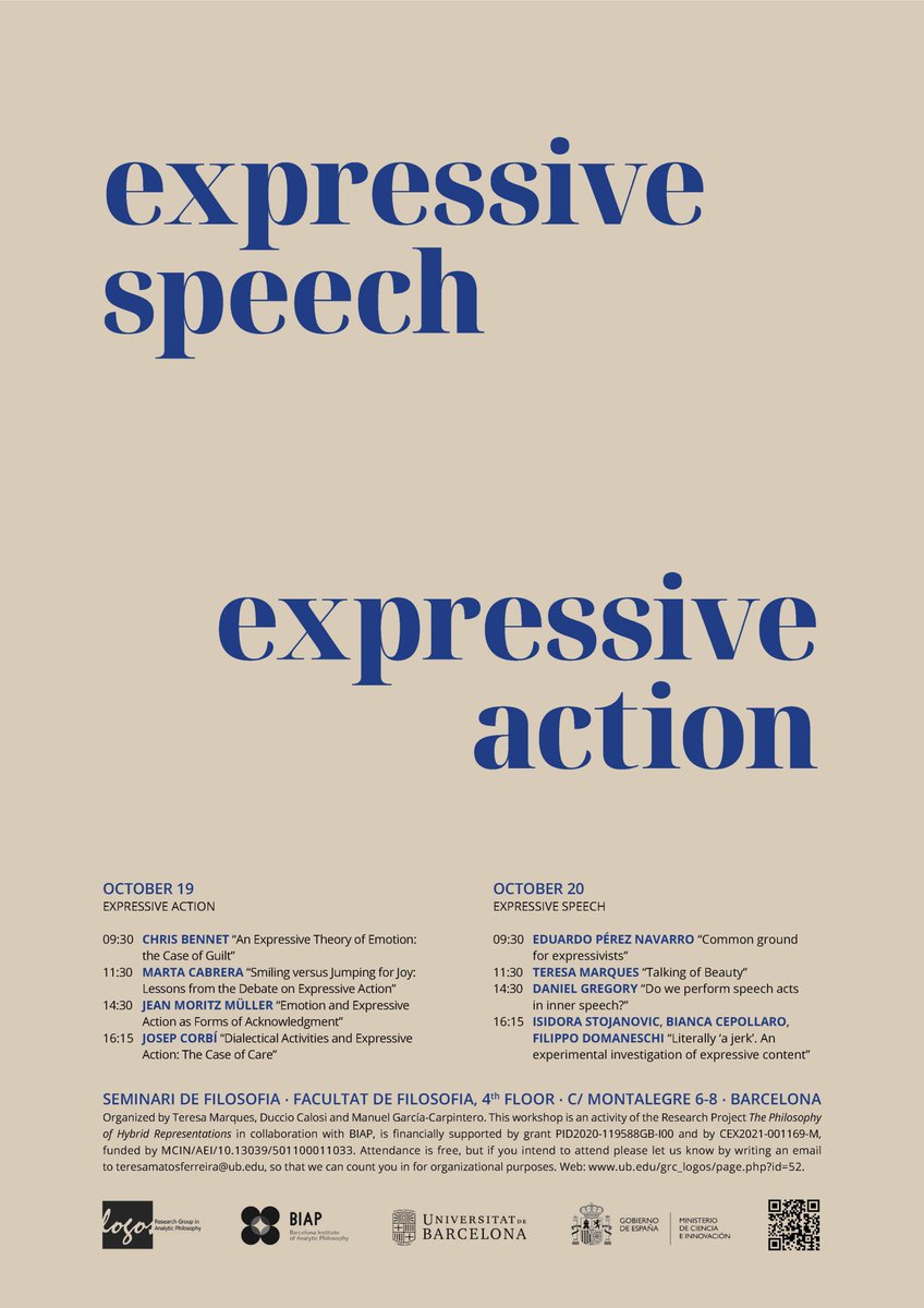 Coordinator of the master in Analytic Philosophy (@ofaphil) on Twitter photo 📢 The poster, by the amazing Catarina Aguiar (who often designs the covers of the <a href="/BritJAesth/">British Journal of Aesthetics</a>)
Workshop "Expressive speech, expressive action", in the Faculty of Philosophy of the University of Barcelona:
<a href="/LogosRG/">Logos Research Group in Analytic Philosophy</a>
<a href="/BiapBarcelona/">BIAP - Barcelona Institute of Analytic Philosophy</a>
<a href="/Filosofia_UB/">Facultat de Filosofia UB</a>
<a href="/UniBarcelona/">Universitat de Barcelona</a> 📢 The poster, by the amazing Catarina Aguiar (who often designs the covers of the <a href="/BritJAesth/">British Journal of Aesthetics</a>)
Workshop "Expressive speech, expressive action", in the Faculty of Philosophy of the University of Barcelona:
<a href="/LogosRG/">Logos Research Group in Analytic Philosophy</a>
<a href="/BiapBarcelona/">BIAP - Barcelona Institute of Analytic Philosophy</a>
<a href="/Filosofia_UB/">Facultat de Filosofia UB</a>
<a href="/UniBarcelona/">Universitat de Barcelona</a>