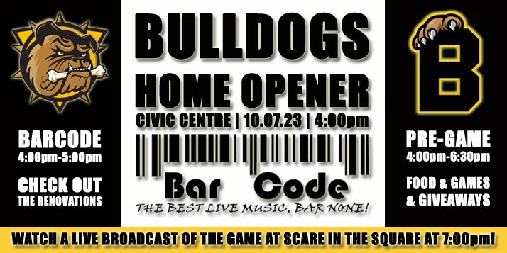 barcodetheband's tweet photo. Join us today at the @BulldogsOHL #HomeOpener Pre-Game Party, starting at 4pm. Food, games, giveaways and more! FREE EVENT. Please RT. ππ₯
#cheers #barcode20th #BFD #brantford #brantcounty #DawgMentality #downtownbrantford #OHL #supportlocalevents https://t.co/L92FluNjy6 https://t.co/WR1uqzgKnO