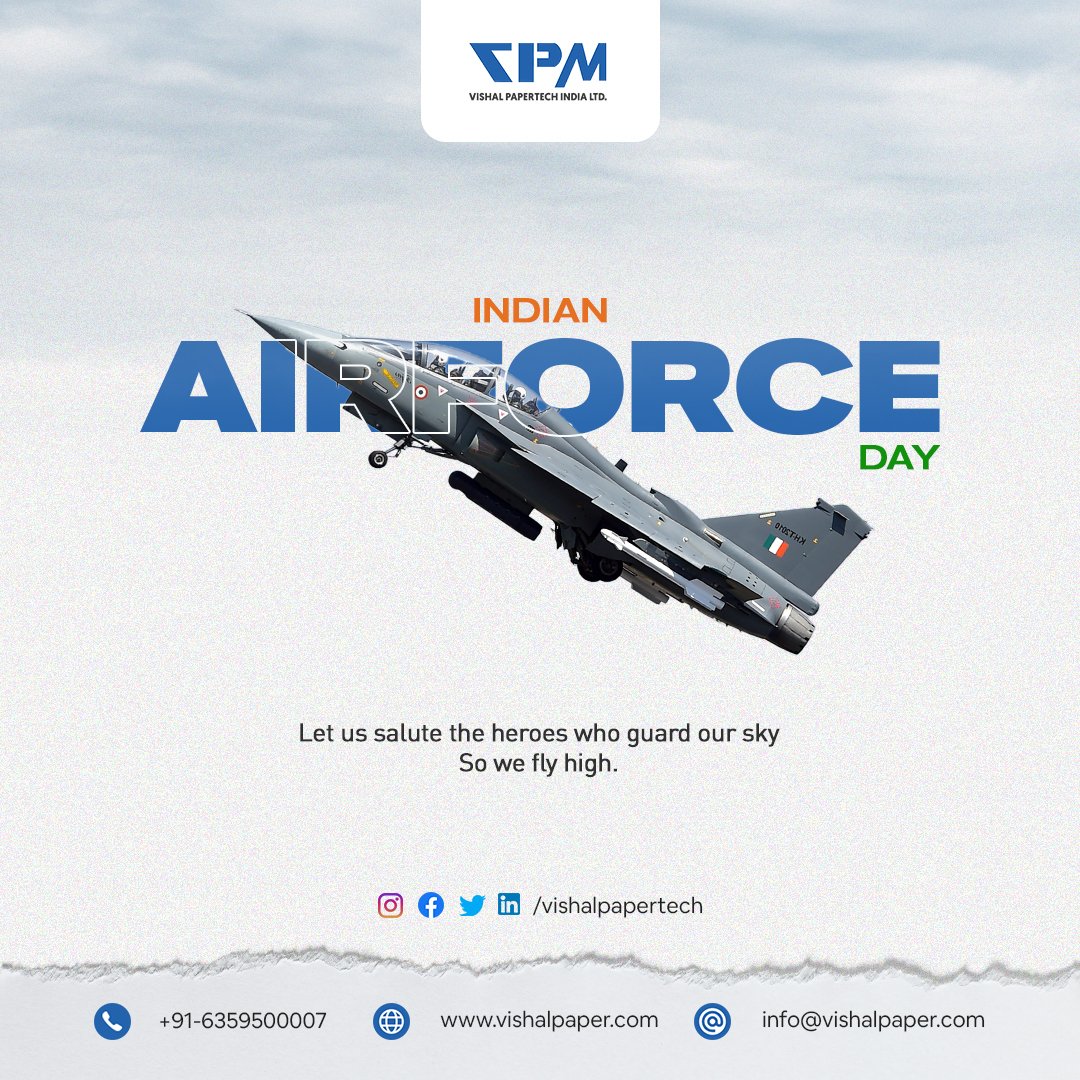 VishalPapertech's tweet image. Saluting the indomitable spirit of the Indian Air Force on their glorious day! ✈️🇮🇳 At Vishal Papertech, we soar to new heights of excellence, just like our brave air warriors. #IndianAirForceDay #VishalPapertech #StrengthInPaperAndSky #IAFDay2023 #ProudToServeTheNation ✨