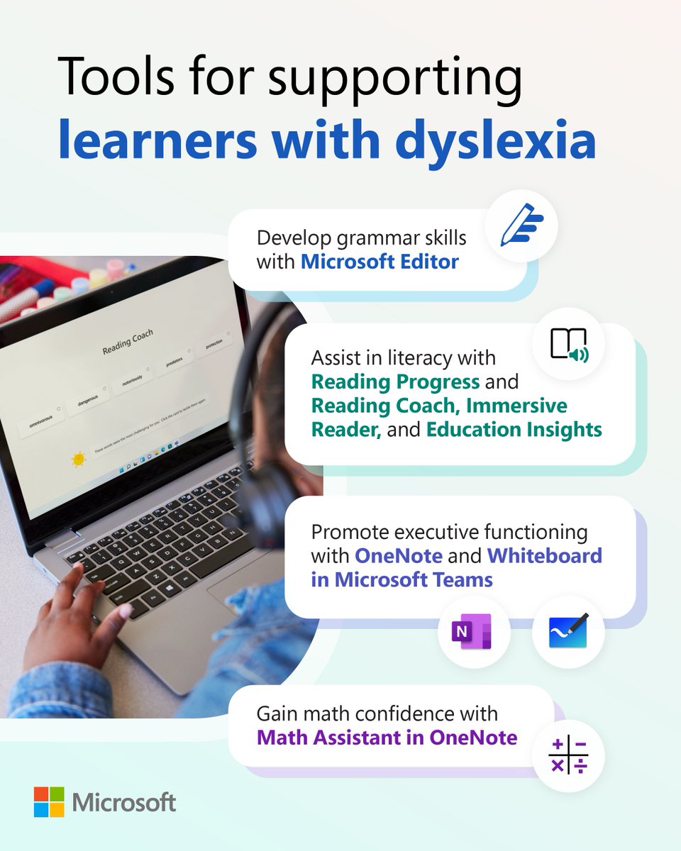 You have more than one kind of learner, so you need more than one way of teaching curriculum.

Support dyslexic thinking in every category of instruction with these tools from #MicrosoftEDU.

#DyslexiaAwarenessMonth