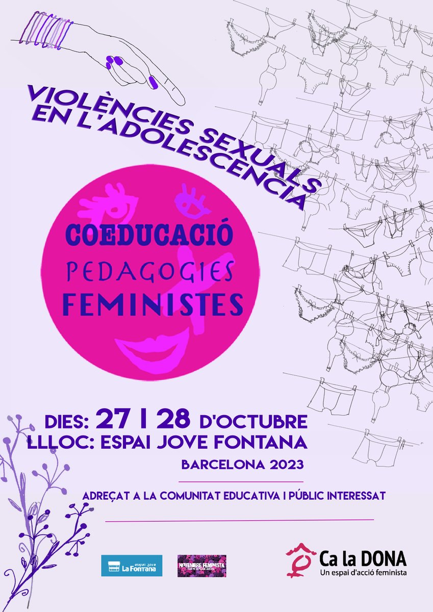FemiNovembre's tweet photo. 📢📢 Jornades 27 i 28 d'octubre a l'@EjLaFontana
"Violències sexuals en l'adolescència"   
Organitza: Coeducació i pedagogies feministes (Ca la Dona). Col·labora @FemiNovembre  (CLD) 
Participa la nostra companya #PatsilíToledo 
📷 Inscripcions: info@caladona.org https://t.co/fwPthwzIqa