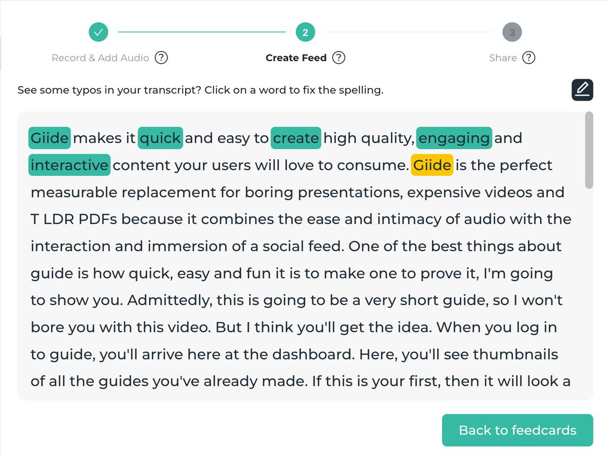 giide's tweet image. Did you know that you can now edit the transcripts of your audio in Giide? Just click the edit icon located in the top right corner and choose the words you want to modify! 

--
#ContentCreationTools #AudioVisualTools #Video #Podcast #TikTok #Youtube #VideoEditing #AudioEditing