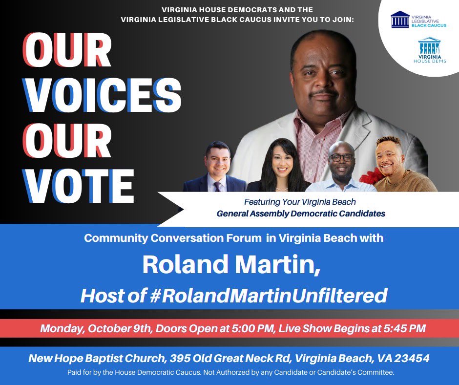 rolandsmartin's tweet image. Hey Virginia Beach!!!! I’m bringing #RolandMartinUnfiltered to your city on Monday, October 9! I want y’all to pack out the house so we can #BringTheFunk!!!! #BlackVotesMatter