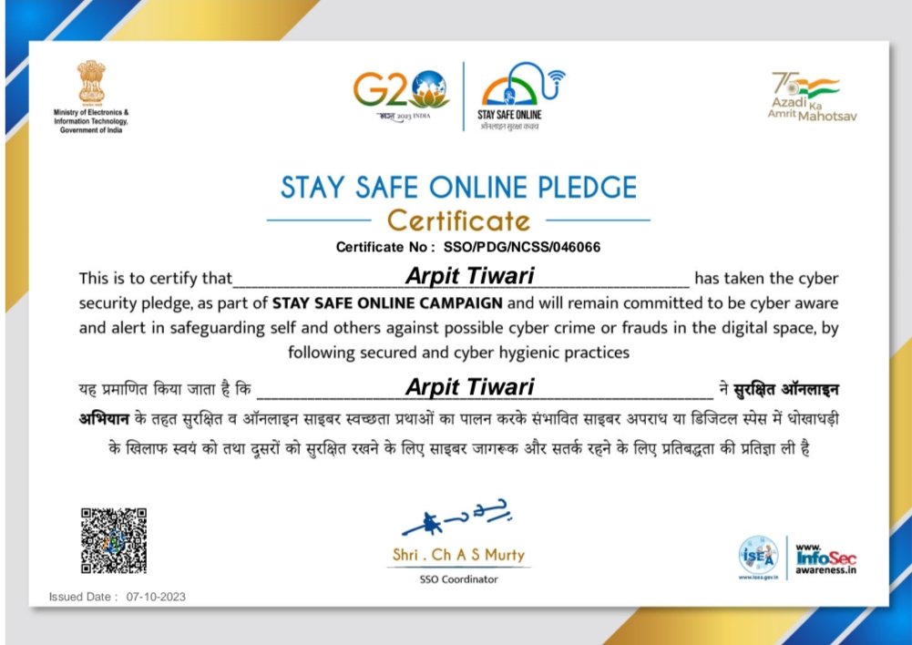 I have taken the NATIONAL CYBER SAFETY and SECURITY PLEDGE <a href="/ChouhanShivraj/">Shivraj Singh Chouhan</a> <a href="/Rajeev_GoI/">Rajeev Chandrasekhar (Parody)</a> JI
staysafeonline.in/pledge?pledgen…
As a proud JanSevak <a href="/CMYIP_/">Chief Minister’s Youth Internship Programme</a> in a training by<a href="/ravikarkara/">Ravi Karkara</a> <a href="/Youth2047/">Youth of India Foundation</a> <a href="/SinghalSailesh/">Sailesh Singhal</a> <a href="/Samiran01/">SAMIRAN BISWAS</a> <a href="/SSOIndia/">ISEA - Stay Safe Online by MeitY</a> <a href="/KettlebellLife/">Kettlebell Ben</a> <a href="/_DigitalIndia/">Digital India</a> 
@ravikarkara
<a href="/AIGGPA/">AIGGPA</a>