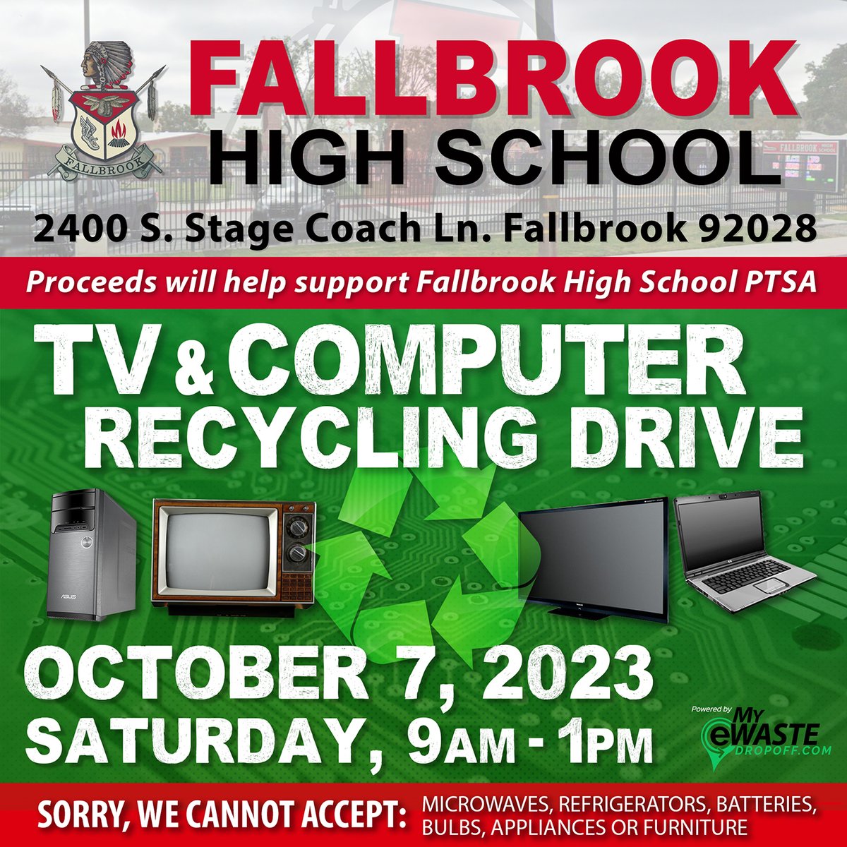 FUHSDofficial's tweet photo. TV & Computer Recycling Event Today!
๐ท https://t.co/MlqWkuz31j
#FallbrookWarriors #FUHS #FHS #FallbrookHigh #Fallbrook #Warriors #FallbrookSchools #HighSchools #SouthernCalifornia #California #Schools https://t.co/RV08MdL0hc
