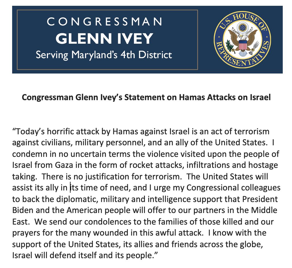 RepGlennIvey's tweet photo. My full statement on Hamas attacks on Israel.  #StandWithIsrael https://t.co/8aX3Cvmql0