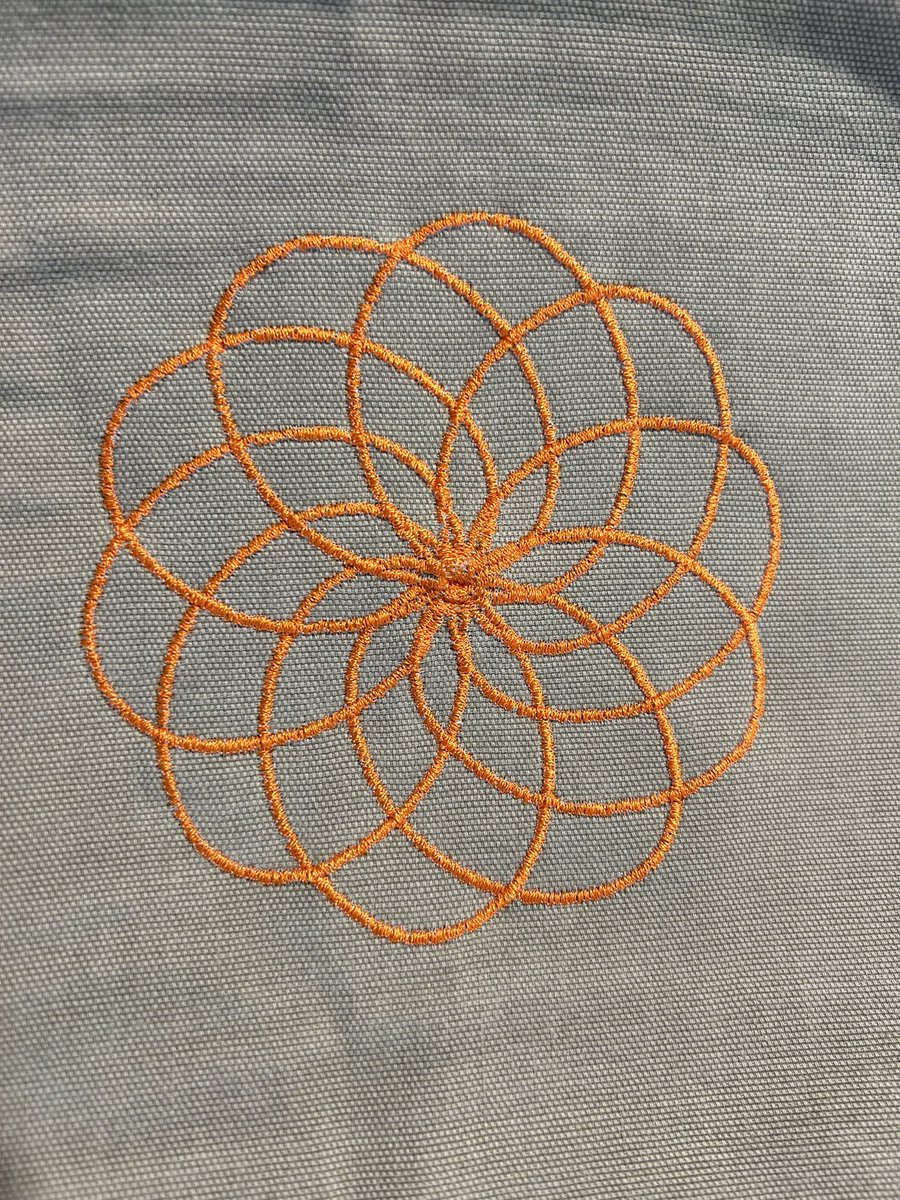 joshburker's tweet photo. Oval design programmed in @turtlestitch and #fabricated with Ricoma #embroidery machine on upcycled fabric. #art #math #programming #bitsToAtoms https://t.co/FAs4qcp6Xy