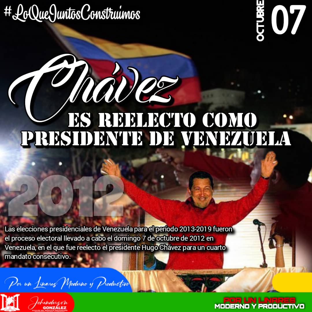 #7Oct de 2012, el día de la Victoria Perfecta, nuestro Comandante Hugo Chávez es reelecto como presidente de Venezuela en una histórica votación en la que más de ocho millones de venezolanos le dieron su respaldo a la Revolución Bolivariana.
#ElEsequiboEsNuestro