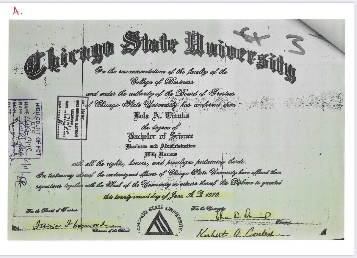 His Excellency @Atiku has filed at the Supreme Court of Nigeria, fresh evidence from the U.S. court in Illinois stating unequivocally and showing clearly that the certificate Mr. Bola Ahmed Tinubu submitted to INEC for the 2023 presidential election was fake, forged, and