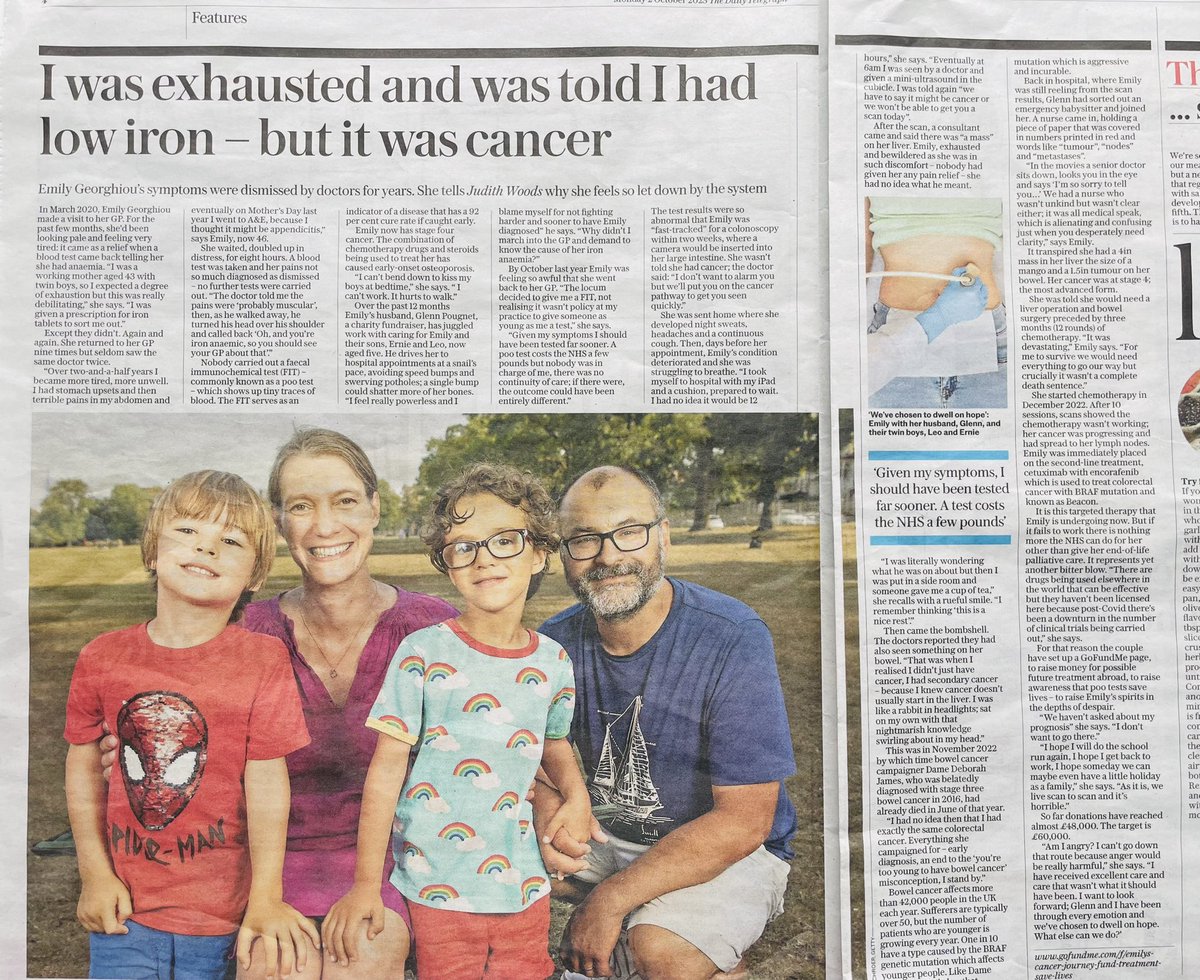 Huge thanks to @Telegraph for telling my story & feature in editors pick 🙏 If this makes just one GP or patient aware, increases FIT test use for iron/anaemia in people under 50, & helps catch #cancer earlier, it will be worth it shorturl.at/qCELX