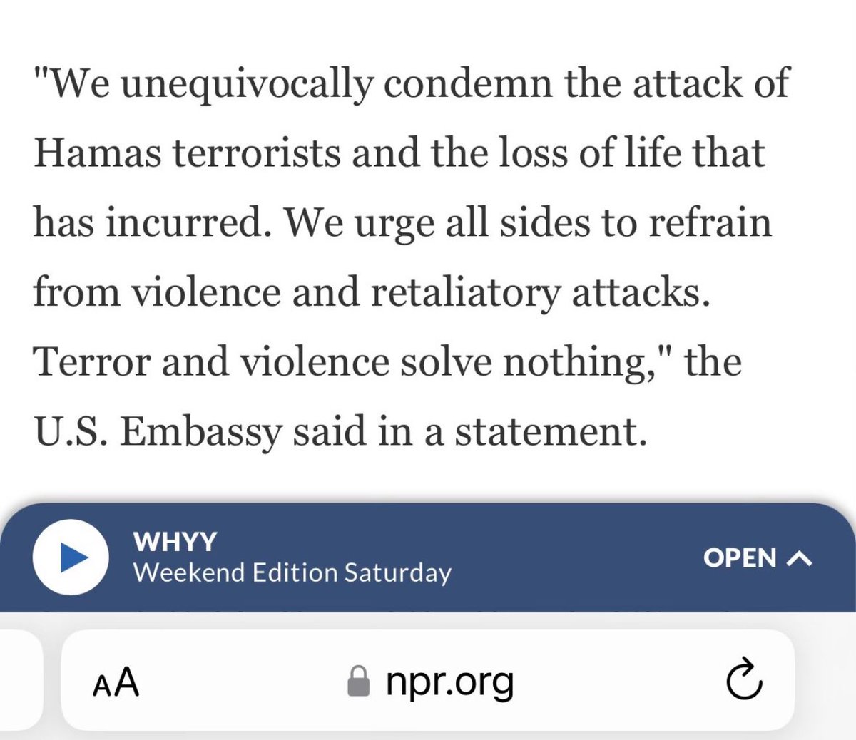 This is from the US Embassy in Israel urging Israel to not retaliate under unprecedented circumstances… a literal  attack on their very existence. It’s absolutely unbelievable. Like so many examples here in the United States. The left thinks you should be OK with your own demise