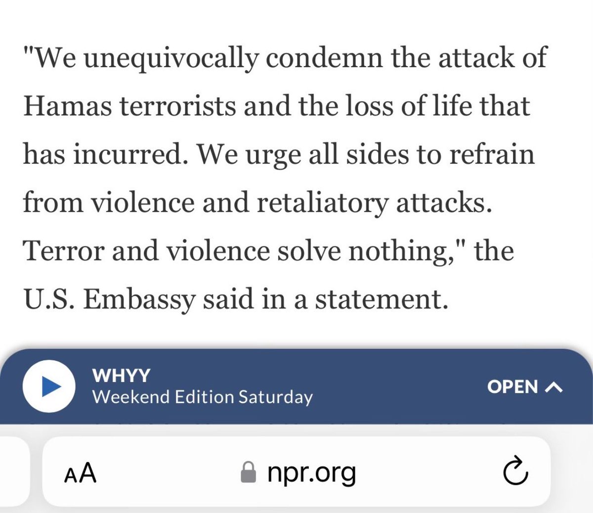 This is from the US Embassy in Israel urging Israel to not retaliate under unprecedented circumstances… a literal attack on their very existence. It’s absolutely unbelievable. Like so many examples here in the United States. The left thinks you should be OK with your own demise