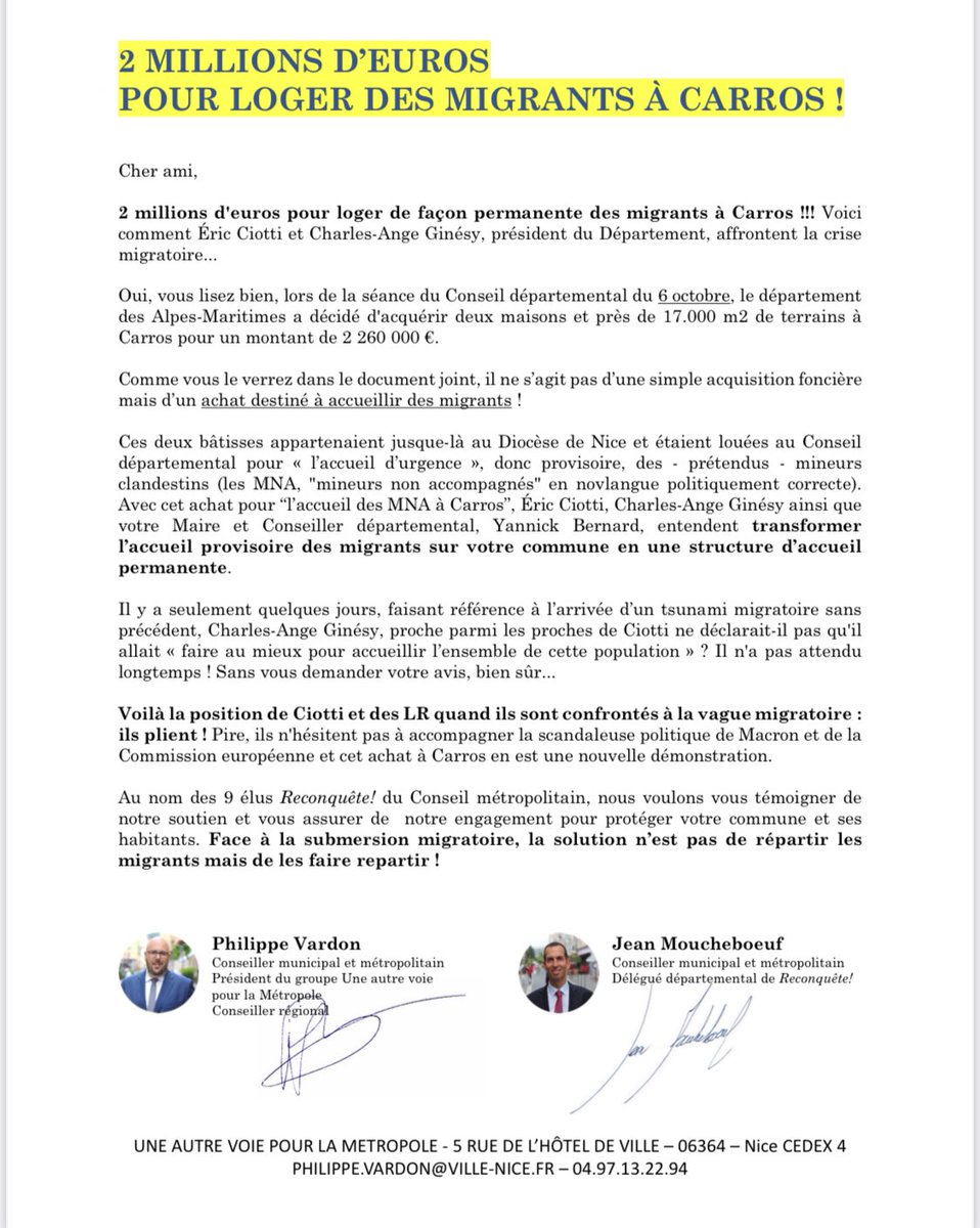 P_Vardon's tweet photo. Bonjour @ECiotti,
Dans @Le_Figaro, vous avez qualifiĂ© ce simple courrier de « tract ignoble de personnes qui le sont tout autant ».Â
Pouvez-vous expliquer ce qui est ignoble ? De révéler ce que vous auriez préféré dissimuler ?
Et je me permets de vous rappeler que les « personnes ignobles » nâont pas prĂ©sentĂ© de candidat face Ă vous aux lĂ©gislatives, et mĂȘme appeler Ă voter pour vous et @C_Dintorni au second tour.
Je pense que tous les sympathisants @Reconquete_off apprĂ©cieront la modĂ©ration de vos proposâŠ