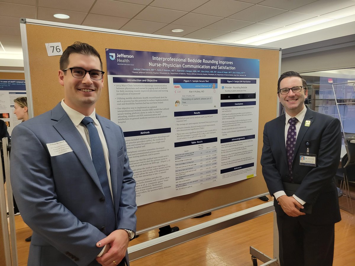 👏 to @joshbernard10 promoting Interprofessional Bedside Rounding QI at @ACPIMPhysicians PA SE. Using a novel EHR process to promote face-to-face med team to RN discussions improve satisfaction for all AND reduce unnecessary, disruptive post-round communication/orders. Win! Win!