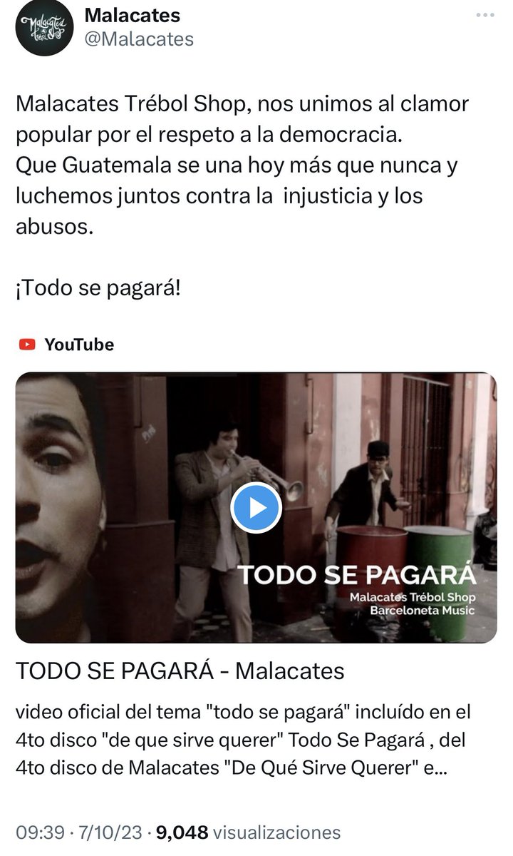 ManfredoGuate's tweet photo. El Grupo Musical guatemalteco, Malacates Trébol Shop, se une al Clamor popular por la Democracia y a su publicación adjunta el video de su canción “Todo se Pagará” dirigida a los gobernantes”🎶👇🏾
🎶 Oiga señor policía, cuide a mi gente de noche y de día
🎶Oiga quien quiera que piense
A algunos les toca este Sol en la frente
Y a otros la sombra protege, también…
🎶Oiga señor diputado, recuerde el poder que la gente le ha dado
Oiga señor presidente, recuerde también lo que ofreció a la gente
🎶Oiga quien quiera que piense
A algunos les toca este Sol en la frente
Y a otros la sombra protege, también
🎶Todo, todo, todo, se pagará
En esta vida se pagará
Todo lo que tú nos hagas lo pagarás
(Y en la vida todo cambia en un instante)