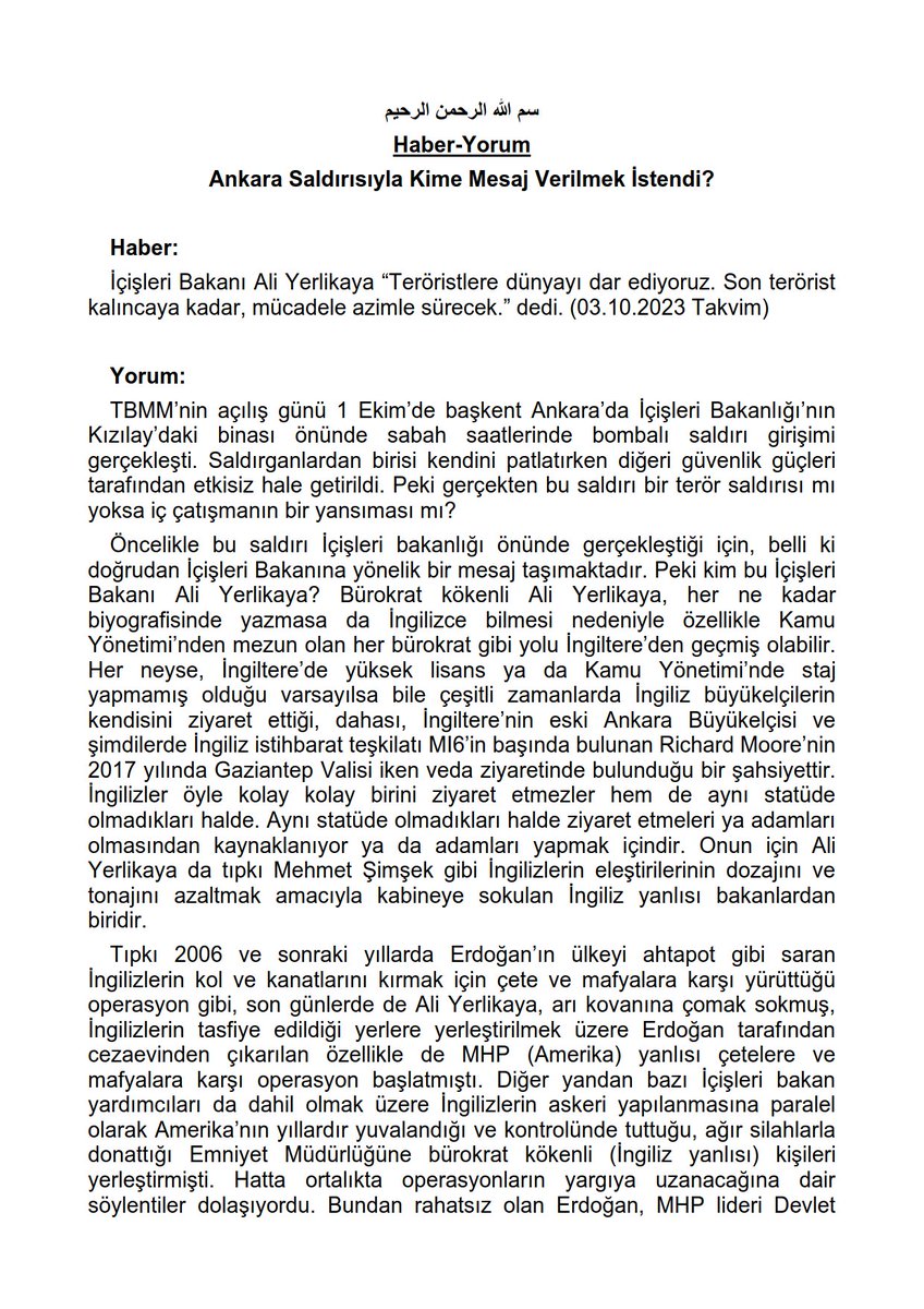 Haber-Yorum #Ankara Saldırısıyla Kime Mesaj Verilmek İstendi? #AliYerlikaya #TBMM #İngiltere #RichardMoore #Gaziantep #MehmetŞimşek #Erdoğan #MHP #Amerika #Türkiye #Hilafet #HizbutTahrir Merkezi Medya Ofisi İçin Yazan Ercan Tekinbaş hizb-uttahrir.info/tr/index.php/h…