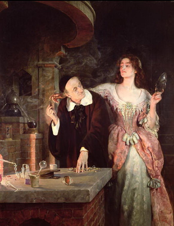 The Laboratory (1895) by John Collier (English artist, lived 1850-1934). Is he accepting pearls in return for a magic potion? For ... eternal youth/beauty? 🤔