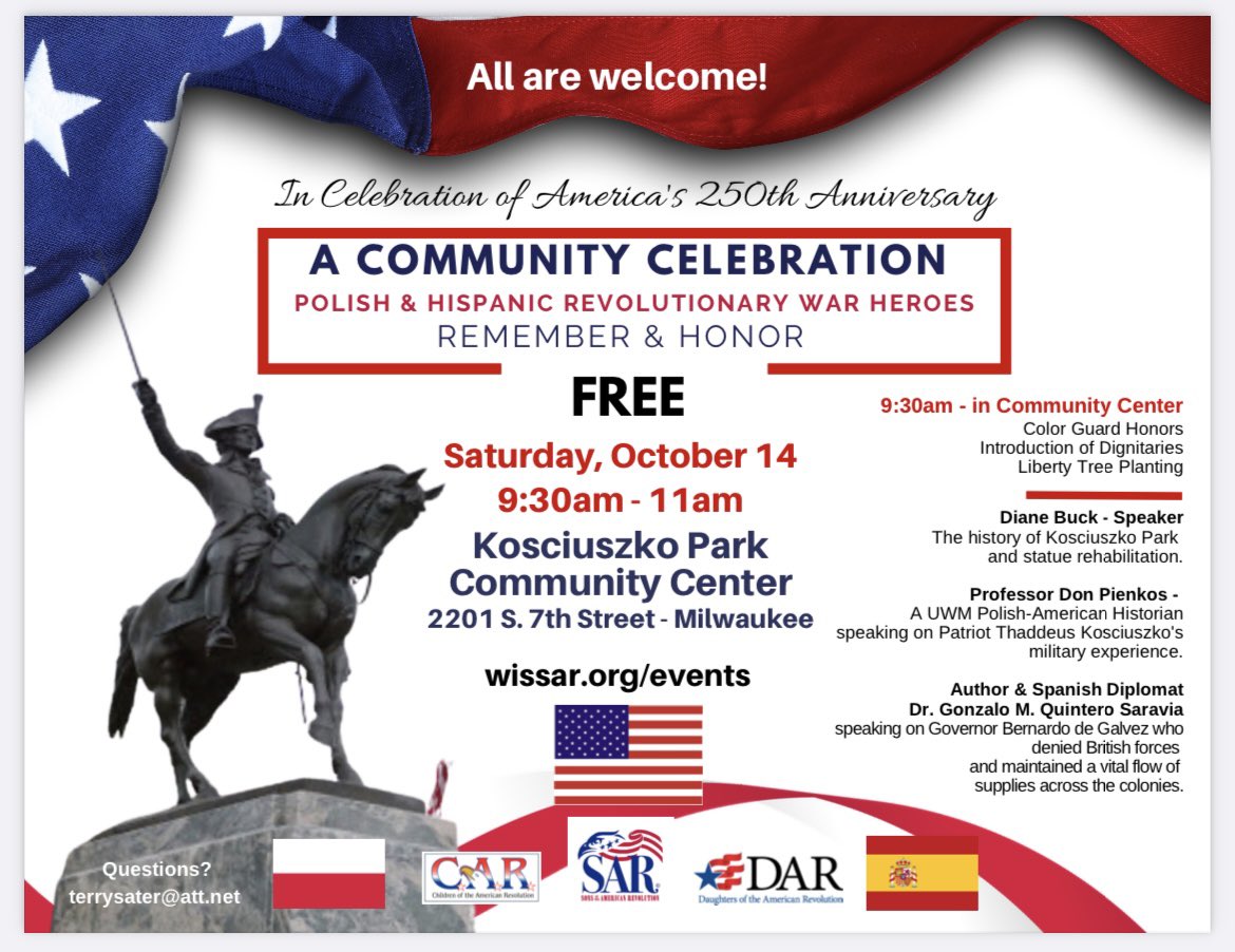 I'm emcee for this wonderful, free event, that continues the celebration as we head toward the 250th anniversary of the United States. We will have fife and drum music, a Revolutionary War soldier authentic uniformed Color Guard, and wonderful speakers. Celebrate your patriotism.