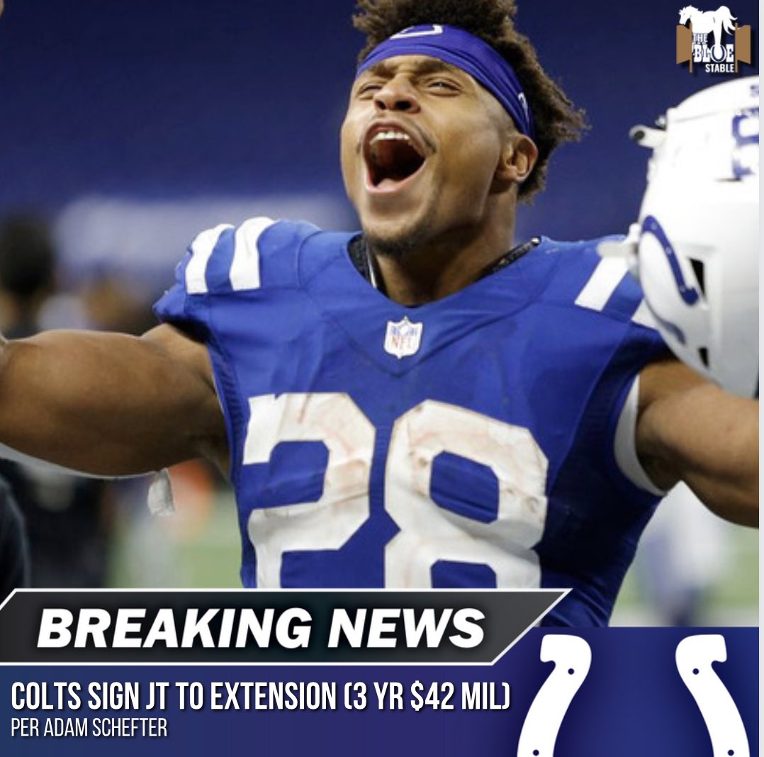 TheBlue_Stable's tweet photo. 🚨BREAKING🚨

The #Colts and star RB Jonathan Taylor have reached agreement on a contract extension, per @AdamSchefter. It’s 3 years $42 million, with $26.5 million guaranteed. https://t.co/JkluGCX7FI