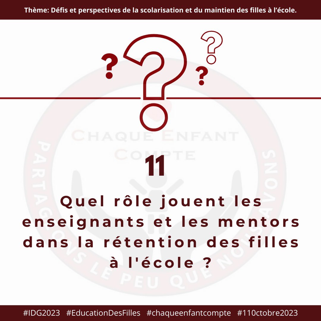 Quel soutien les parents peuvent ils offrir pour encourager la scolarisation et la réussite des filles à l'école ?

#IDG2023 #EducationDesFilles #chaqueenfantcompte #110ctobre2023