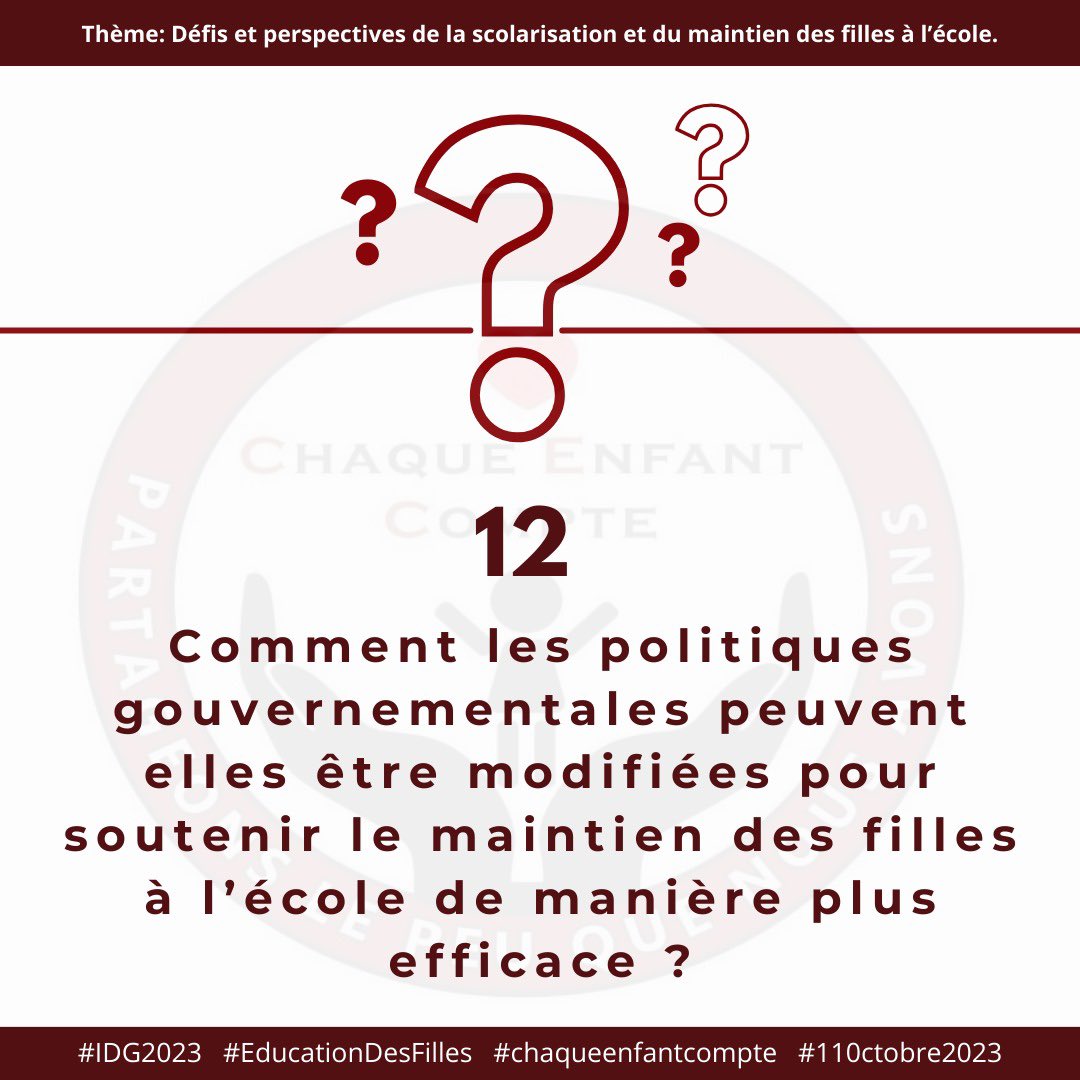 Comment les politiques gouvernementales peuvent elles être modifiées pour soutenir le maintien des filles à l'école de manière plus efficace ?

#IDG2023 #EducationDesFilles #chaqueenfantcompte #110ctobre2023