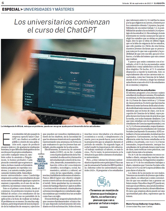 jsainzg's tweet photo. La semana pasada en @larazon_es recordaba las palabras de #RamónyCajal: «el trabajo sustituye al talento, es más lo crea». En un mundo de #ChatGPT la perseverancia es la virtud en la que debe centrarse el estudiante universitario. @MayteBallestar https://t.co/S3oAqrJPWE