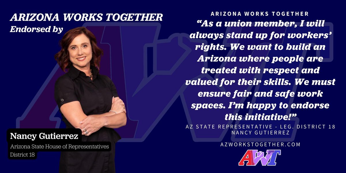 AZWorksTogether's tweet photo. ENDORSEMENT UPDATE:

Representative Nancy Gutierrez (@nancygforAZ) endorses AZ Works Together! https://t.co/z8NBzxgujC