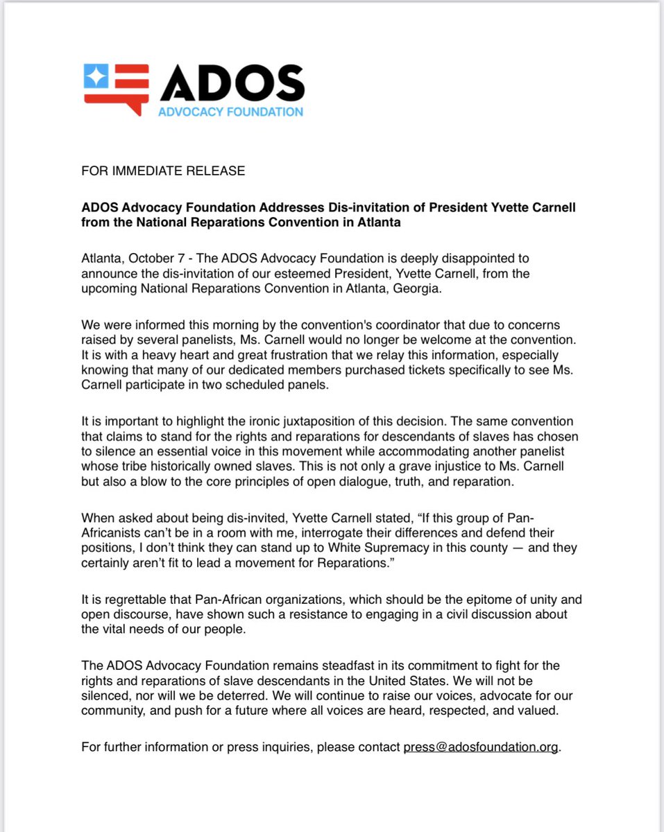 ADOSorg's tweet photo. The ADOS Advocacy Foundation’s official statement on our President, Yvette Carnell, being disinvited from the National Reparations Convention https://t.co/loKWzDcwEM