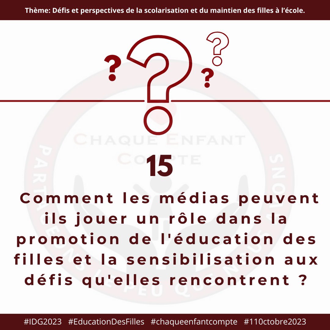 Comment les médias peuvent ils jouer un rôle dans la promotion de l'éducation des filles et la sensibilisation aux défis qu'elles rencontrent ?

#IDG2023 #EducationDesFilles #chaqueenfantcompte #110ctobre2023