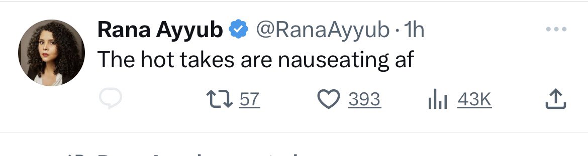 Iyervval's tweet image. Meet noted @washingtonpost columnist @RanaAyyub. Her only comment has been to justify the torture, murder &amp;amp; corpse desecration of Jews by implying “they deserved it”.