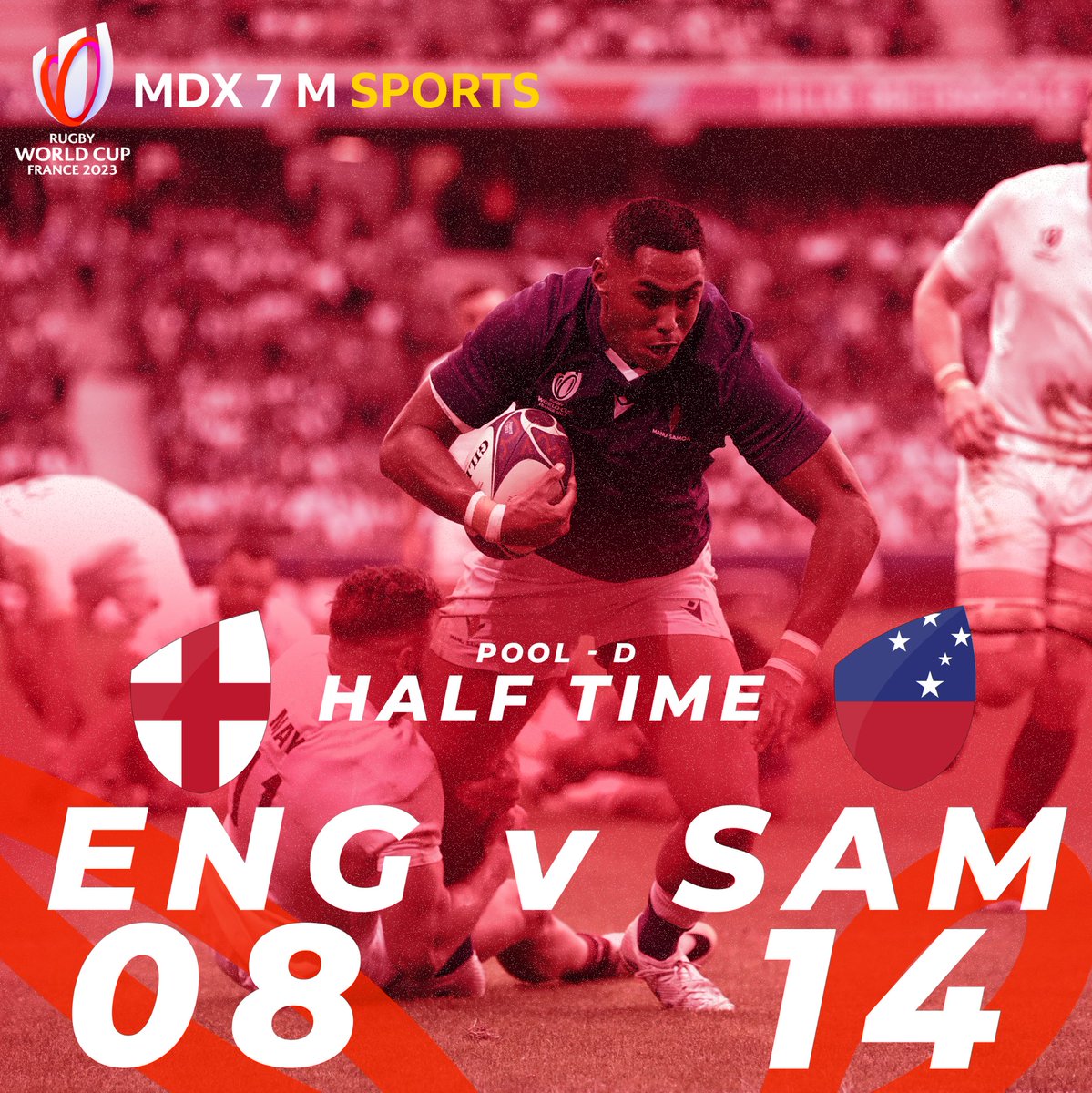 SportsMdx's tweet photo. HT : Samoa are all over England 🇼🇸
Plenty of work for Steve Borthwick's side to do.
Manu Samoa also had a try chalked off as Owen Farrell became England's record points scorer.
#MDX7MSportsRugby | #RWC2023 | #ENGvSAM | #Coupedumondederugby | #ENGvsSAM | #RedRoses | #SamoaRugby https://t.co/pr4XnuJqA0