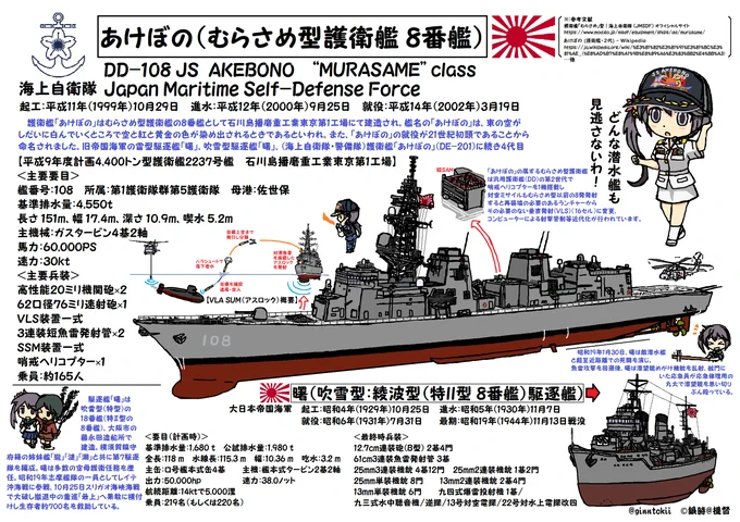 🎺おはようございます!
日曜日の朝です🌅

今日10月8日は
#108の日 で
DD-108 護衛艦「#あけぼの」

#海上自衛隊
護衛艦「#やまぎり」#進水日
昭和62年(1987年)
三井造船玉野事業所

潜水艦「#じんりゅう」#進水日
平成26年(2014年)
三菱重工業 神戸造船所

要🧴😷感染症対策
/(‾▽‾)✨#艦これ 