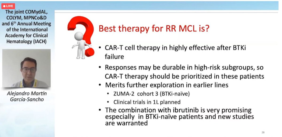 lymphomahub's tweet photo. #IACH23 | @amgarciasancho discussed cellular therapy as the best therapy for RR #MCL using promising insights from ZUMA-2, TRANSCEND NHL 001, and TARMAC trials. #lymsm #lymphoma #COLYM #TheIACH https://t.co/7zA1SYQX9L