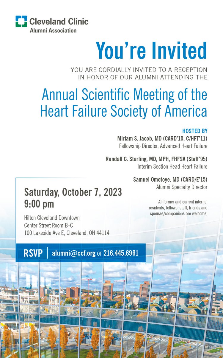 #HFSA2023 - don’t miss @ClevelandClinic’s satellite symposium tonight @ 7:15pm! *Register (free) on-site in room 1 with #HFSA badge* @CCFcards alumni - looking forward to seeing all @ 9pm to celebrate @rcstarling! @HFSA @EdSolteszMD @tavrkapadia @WilsonTangMD @Dr_Eileen_Hsich