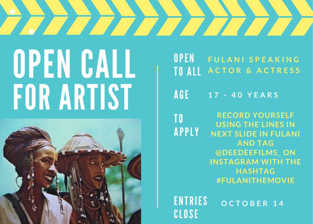 🎬 Calling all artist! 🖌️ Join the Deedee Films Open Call and ler your creativity shine on thr big screen. Lights, camera, action! 📽️TELL A FRIEND TO TELL A FRIEND 

HOW TO APPLY
Record yourself using lines in the Next Slide and tag @deedeefilms_ with the Hashtag