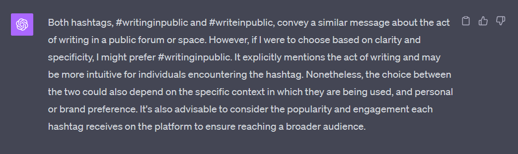 shoppingtheatre's tweet photo. #writinginpublic is the text version of #buildinpublic, i did spend some time tinkering, asking #ChatGPT to pick it over #writeinpublic. the reply, for whatever its worth works. as a "personal brand" discourse two ideas i push [[micro-journaling]] and #writinginpublic https://t.co/Ye3JfZGPEk
